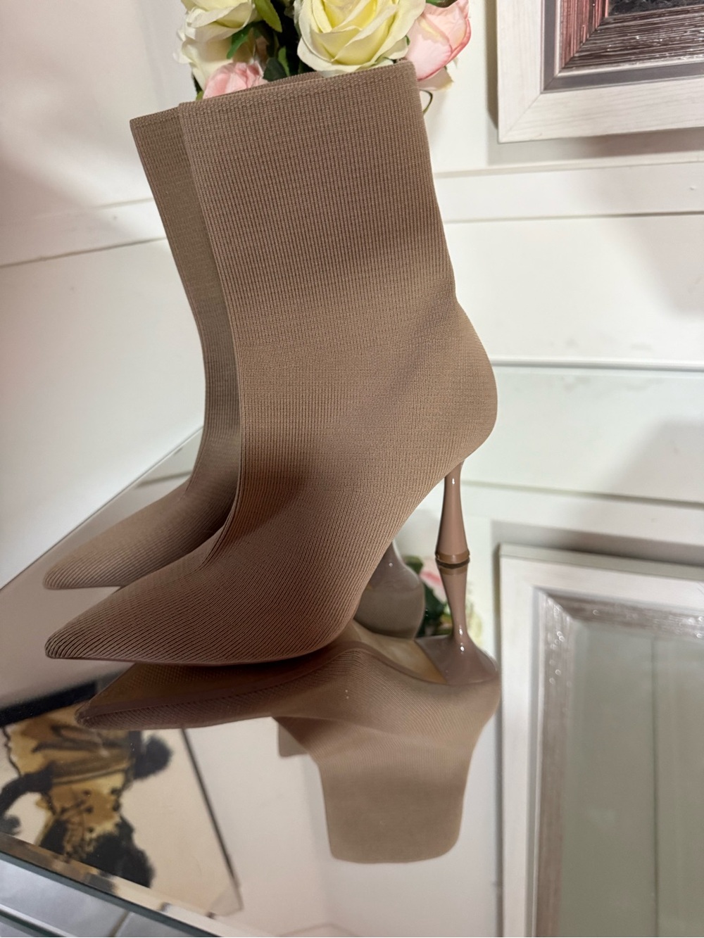 Zara Taupe Stretch-Knit Pointed Sock Boots